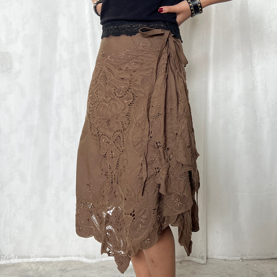 Brown Eyelet Layers Ruffles Midi Lace Skirt