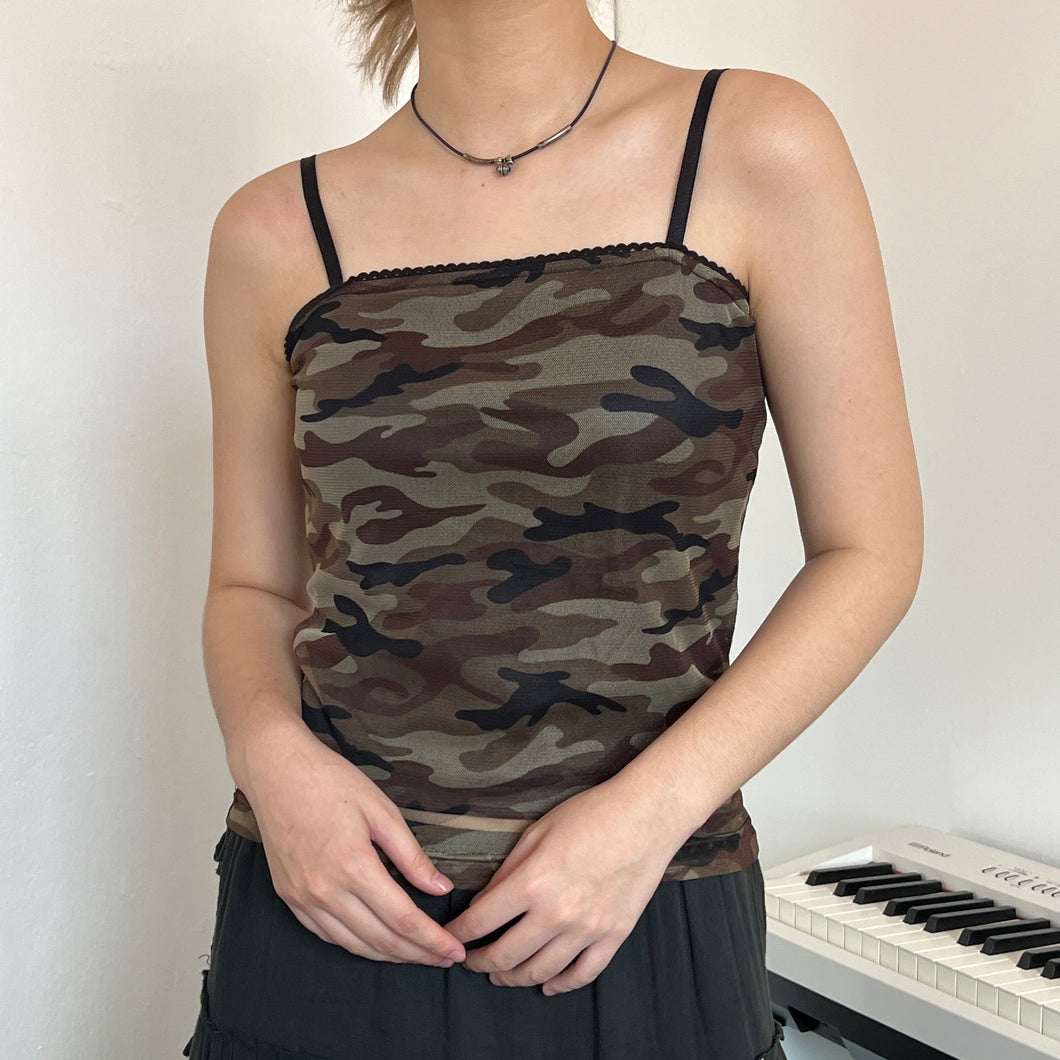 Military Green Camo Mesh Overlay Camisole Top