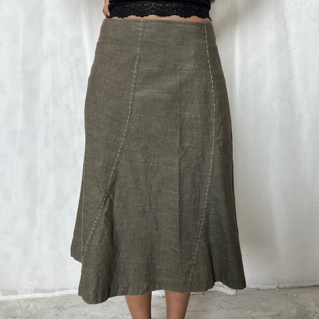 Grey Denim Contrast Stitch Panels Midi Skirt