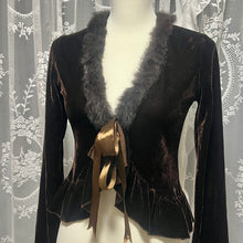 Load image into Gallery viewer, Brown Velvet Texture Fur Collar Long Sleeves Top
