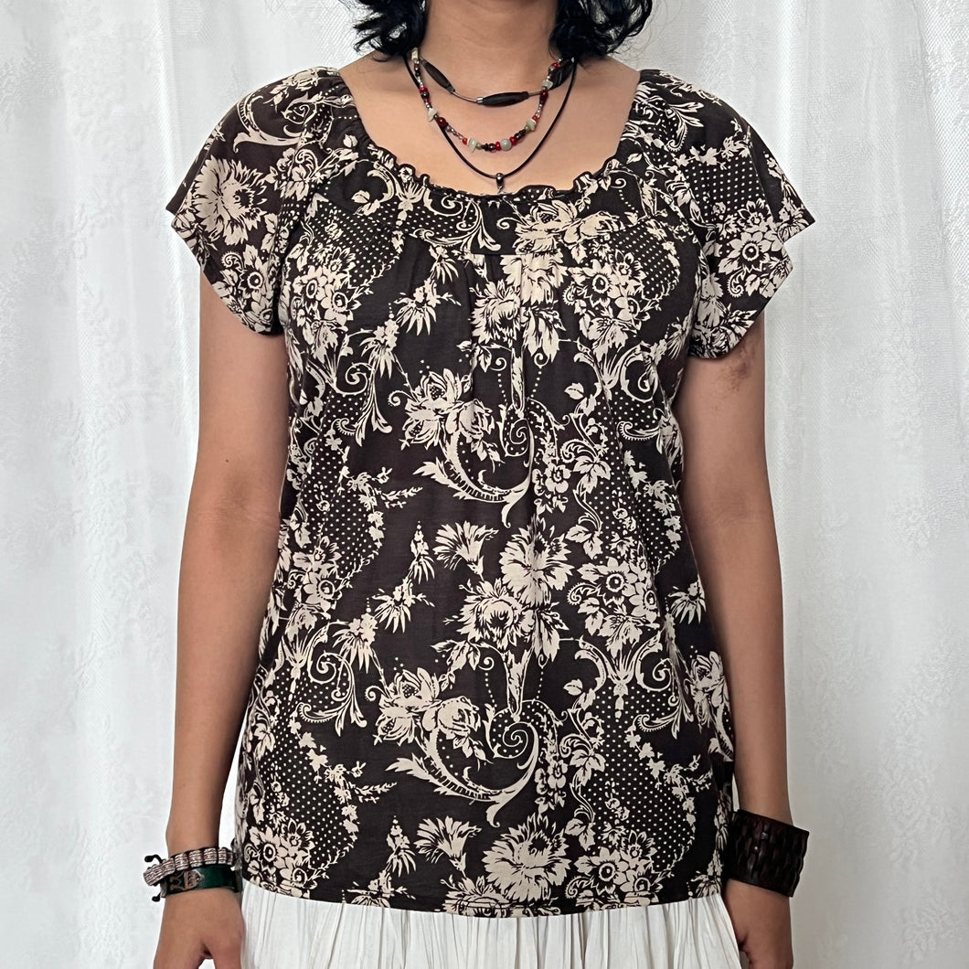 Brown Fairy Grunge Floral Patterned Flowy Babydoll Top