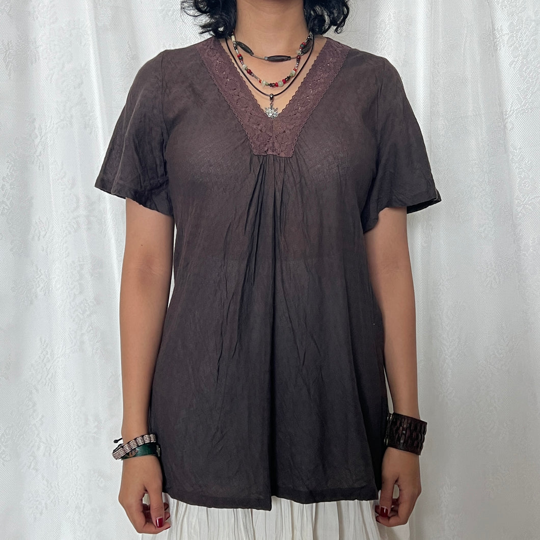 Dark Brown V Neck Lace Short Sleeve Top