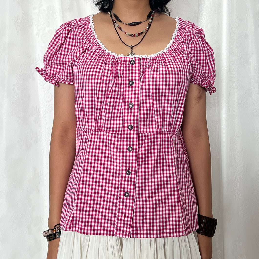 Pink Gingham Milkmaid Button Top