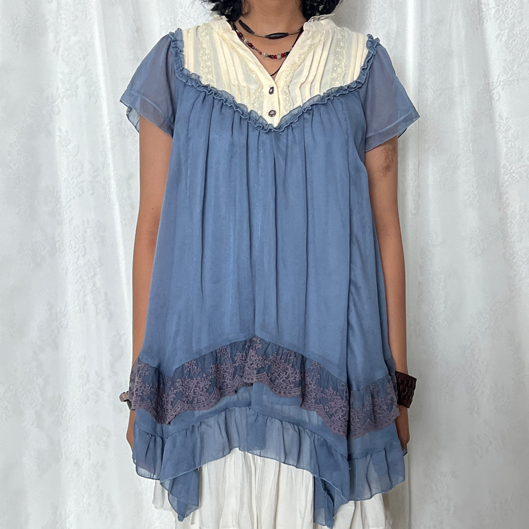 Axes Femme Blue White Lace Trim Babydoll Mini Dress Top