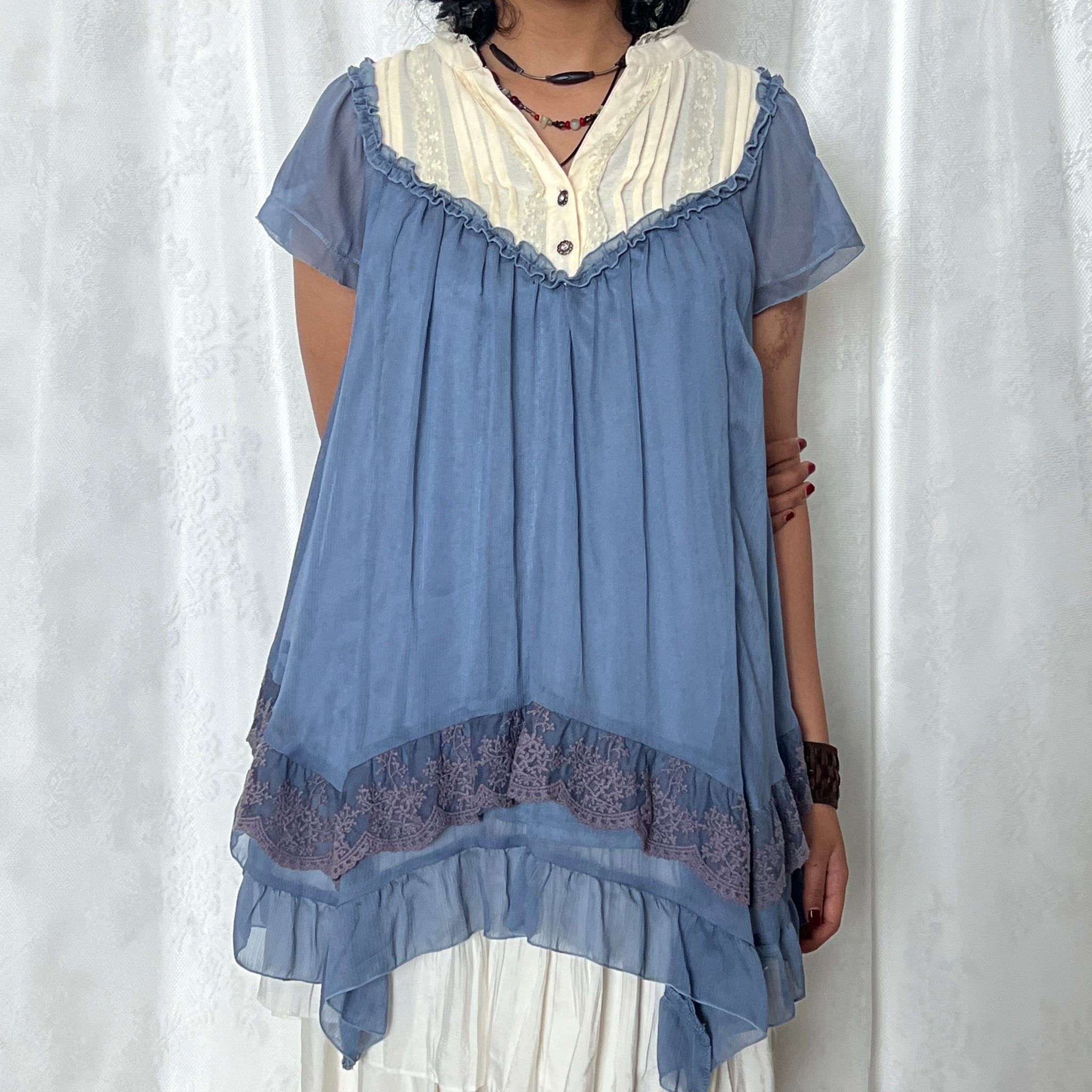 Axes Femme Blue White Lace Trim Babydoll Mini Dress Top