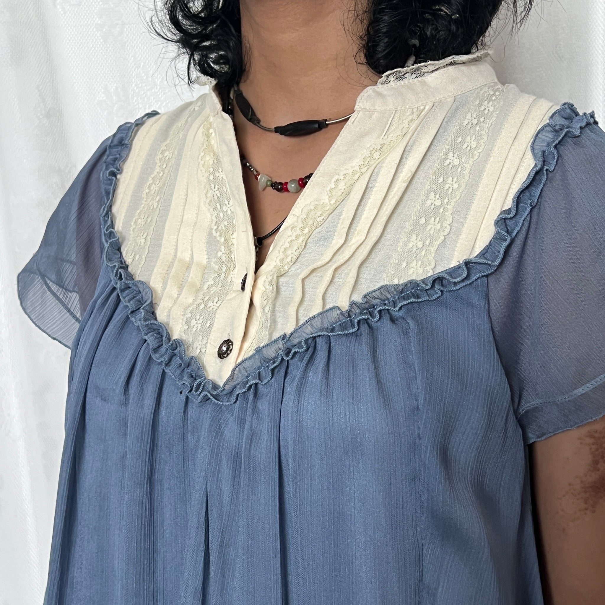 Axes Femme Blue White Lace Trim Babydoll Mini Dress Top – re.drmg