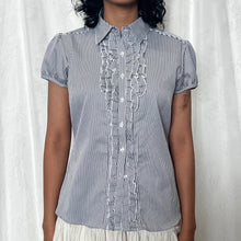 Load image into Gallery viewer, Blue Striped Ruffles Office Alice Button Top
