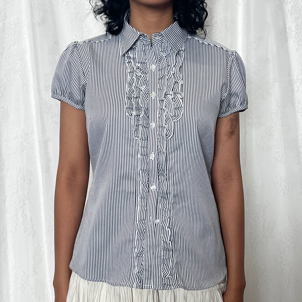 Blue Striped Ruffles Office Alice Button Top