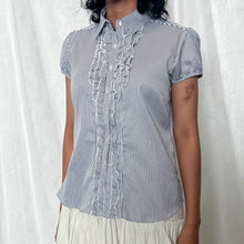 Load image into Gallery viewer, Blue Striped Ruffles Office Alice Button Top
