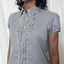Load image into Gallery viewer, Blue Striped Ruffles Office Alice Button Top
