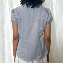 Load image into Gallery viewer, Blue Striped Ruffles Office Alice Button Top
