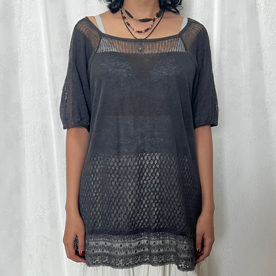 Grey Knitted Mori Kei Half Sleeved Long Top