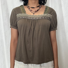Load image into Gallery viewer, Grunge Green Japanese Square Neck Lace Short Sleeve Top
