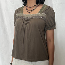 Load image into Gallery viewer, Grunge Green Japanese Square Neck Lace Short Sleeve Top
