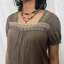 Load image into Gallery viewer, Grunge Green Japanese Square Neck Lace Short Sleeve Top
