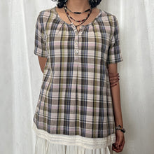 Load image into Gallery viewer, Green Blue Plaid Half Button White Bottom Blouse Top
