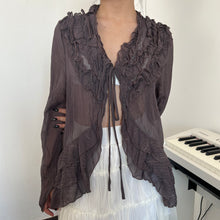 Load image into Gallery viewer, Brown Fairy Ruffles Shimmery Tie Long Sleeves Top
