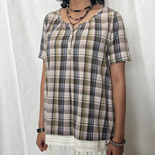 Load image into Gallery viewer, Green Blue Plaid Half Button White Bottom Blouse Top
