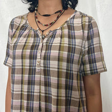 Load image into Gallery viewer, Green Blue Plaid Half Button White Bottom Blouse Top
