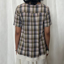 Load image into Gallery viewer, Green Blue Plaid Half Button White Bottom Blouse Top
