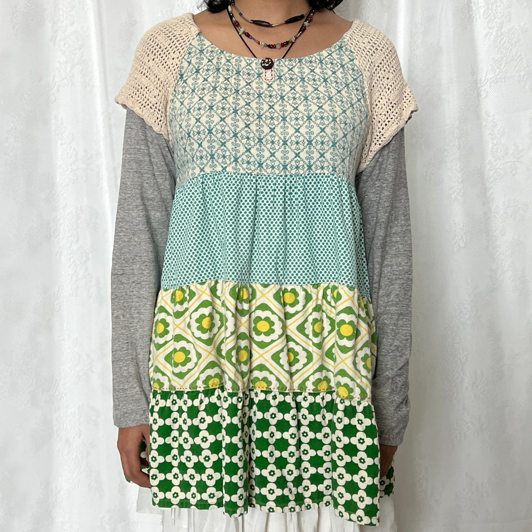 Funky Green Crochet Shoulders Grey Sleeves Top