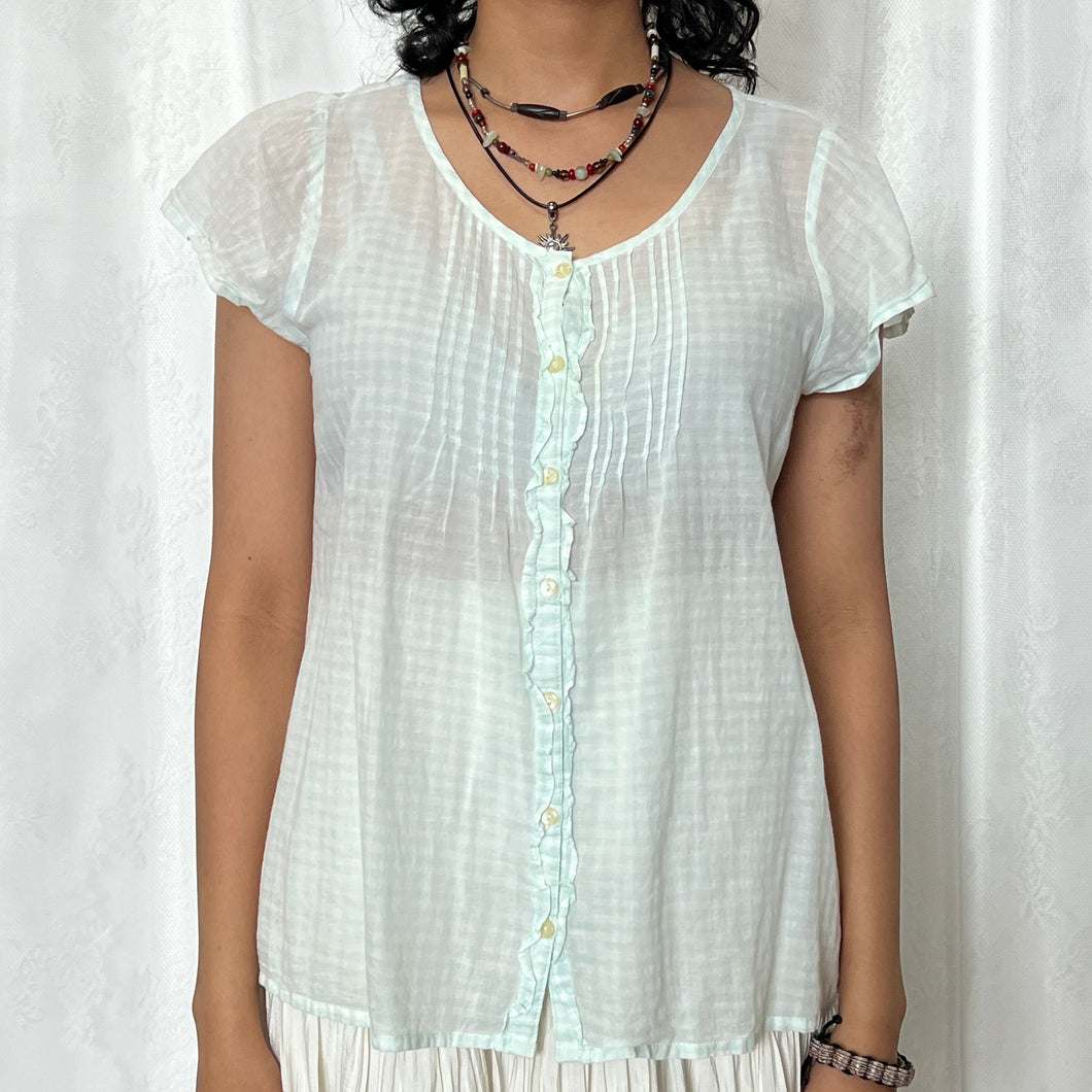 Light Teal Gingham Alice Button Down Short Sleeve Top