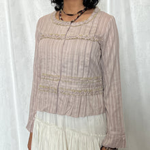 Load image into Gallery viewer, Dusty Purple Brown Ruffles Yellow Lace Princess Snap Button Top
