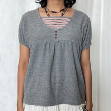 Load image into Gallery viewer, Grey Pink Striped Henley Short Sleeved Top
