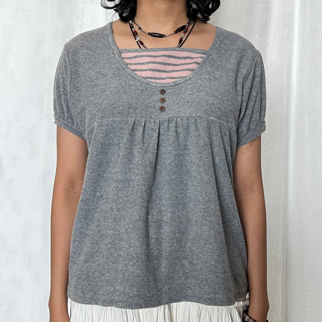 Grey Pink Striped Henley Short Sleeved Top