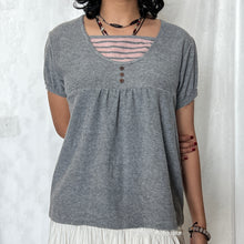 Load image into Gallery viewer, Grey Pink Striped Henley Short Sleeved Top
