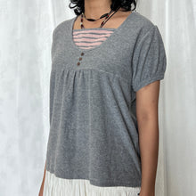 Load image into Gallery viewer, Grey Pink Striped Henley Short Sleeved Top
