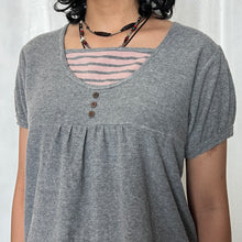 Load image into Gallery viewer, Grey Pink Striped Henley Short Sleeved Top
