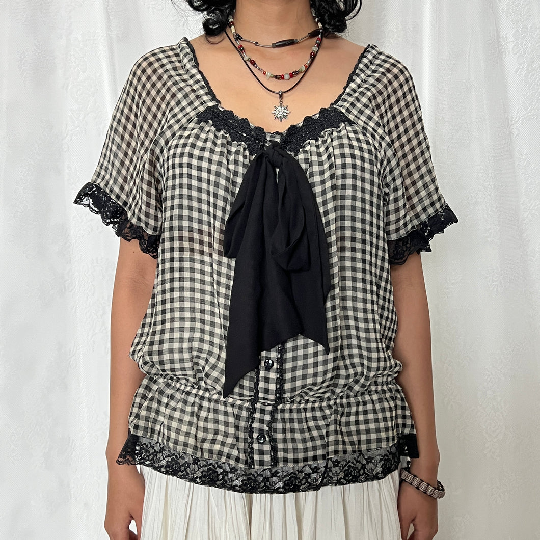 Axes Femme Cream Black Gingham Black Lace Tie Alice Top