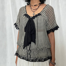 Load image into Gallery viewer, Axes Femme Cream Black Gingham Black Lace Tie Alice Top
