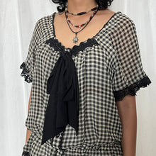 Load image into Gallery viewer, Axes Femme Cream Black Gingham Black Lace Tie Alice Top
