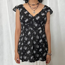 Load image into Gallery viewer, Black Base Grey Flowers V Neck Cap Sleeve Top
