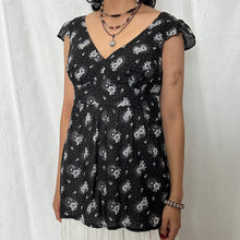 Load image into Gallery viewer, Black Base Grey Flowers V Neck Cap Sleeve Top
