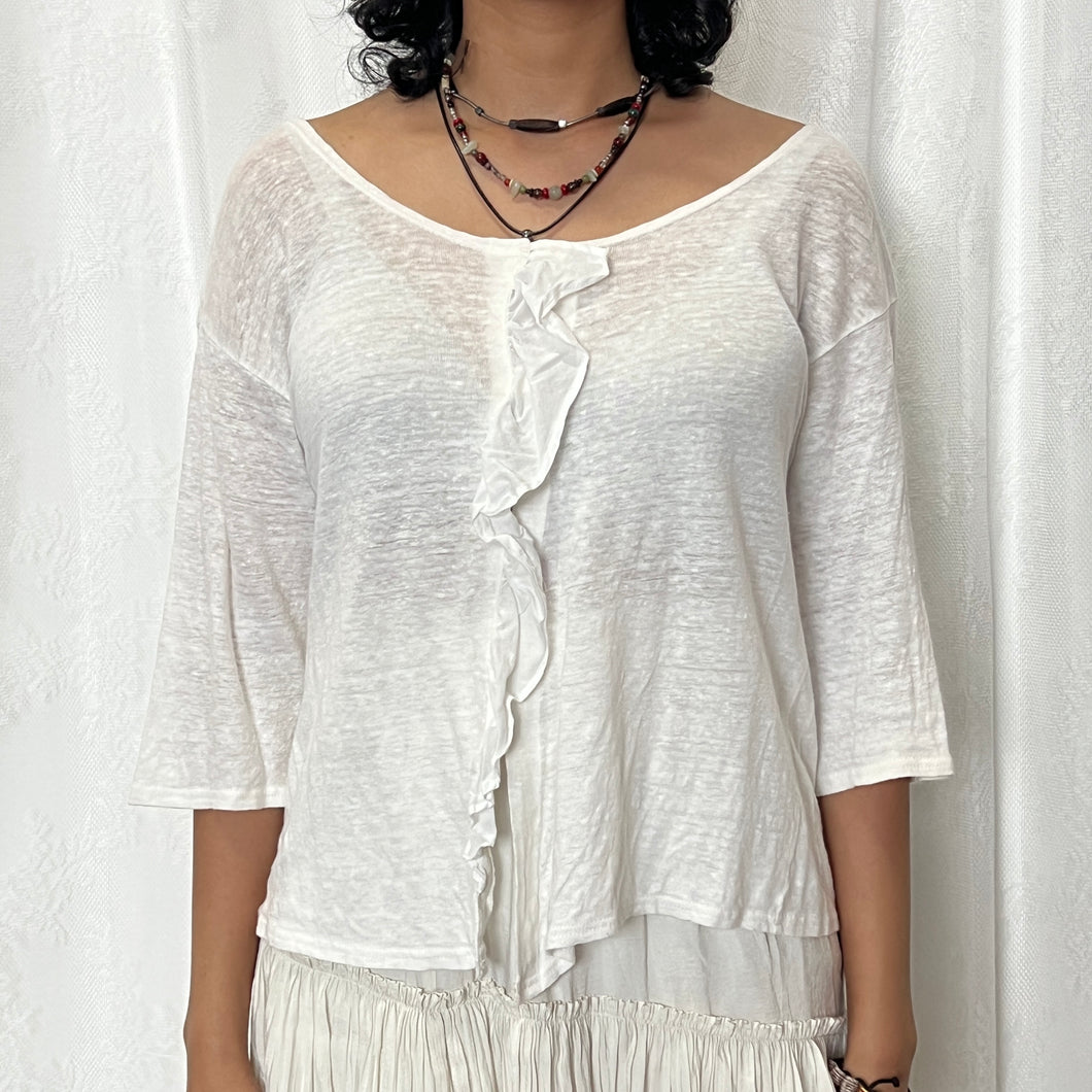 Grainy White Cotton Ruffles Button Cardigan Top