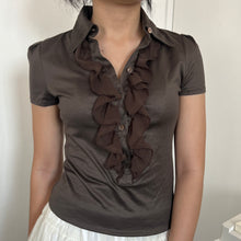 Load image into Gallery viewer, Brown Grey Alice Ruffles Collar Short Sleeves Top
