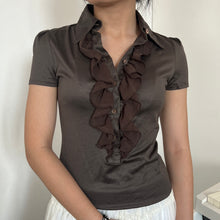 Load image into Gallery viewer, Brown Grey Alice Ruffles Collar Short Sleeves Top
