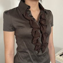 Load image into Gallery viewer, Brown Grey Alice Ruffles Collar Short Sleeves Top
