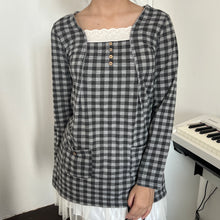 Load image into Gallery viewer, Mori Kei Grey Black Grids Lace Pockets Long Sleeves Top
