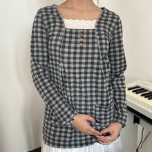 Load image into Gallery viewer, Mori Kei Grey Black Grids Lace Pockets Long Sleeves Top
