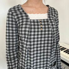 Load image into Gallery viewer, Mori Kei Grey Black Grids Lace Pockets Long Sleeves Top
