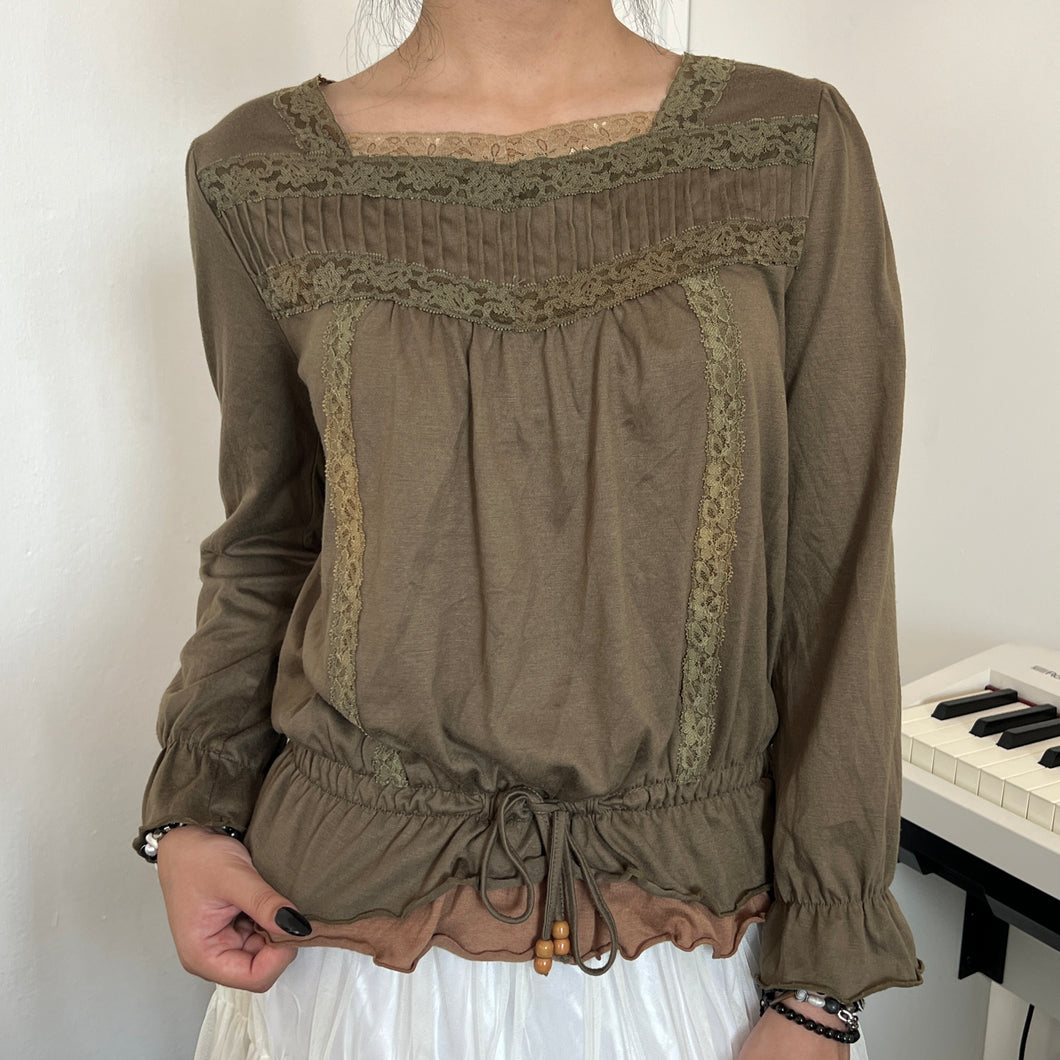 Grunge Green Fairy Lace Pleats Long Sleeves Top