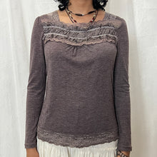 Load image into Gallery viewer, Purple Grey Cotton Ruffles Square Neck Chest Long Sleeves Top
