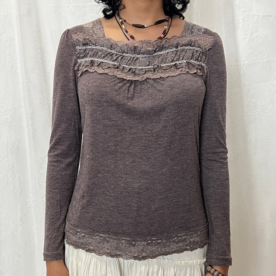 Purple Grey Cotton Ruffles Square Neck Chest Long Sleeves Top