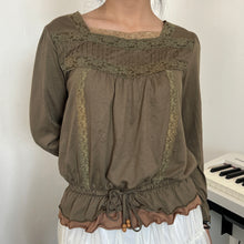 Load image into Gallery viewer, Grunge Green Fairy Lace Pleats Long Sleeves Top
