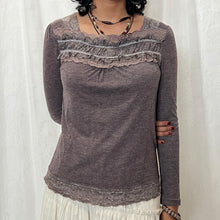 Load image into Gallery viewer, Purple Grey Cotton Ruffles Square Neck Chest Long Sleeves Top
