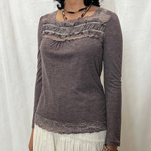 Load image into Gallery viewer, Purple Grey Cotton Ruffles Square Neck Chest Long Sleeves Top
